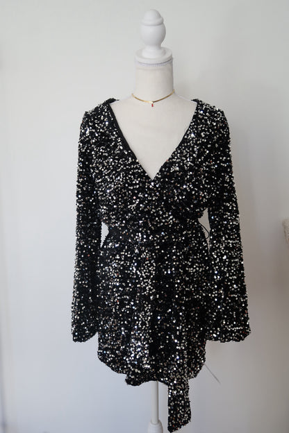 HOLIDAY VELVET EVENING DRESS- BLK SEQUENCE